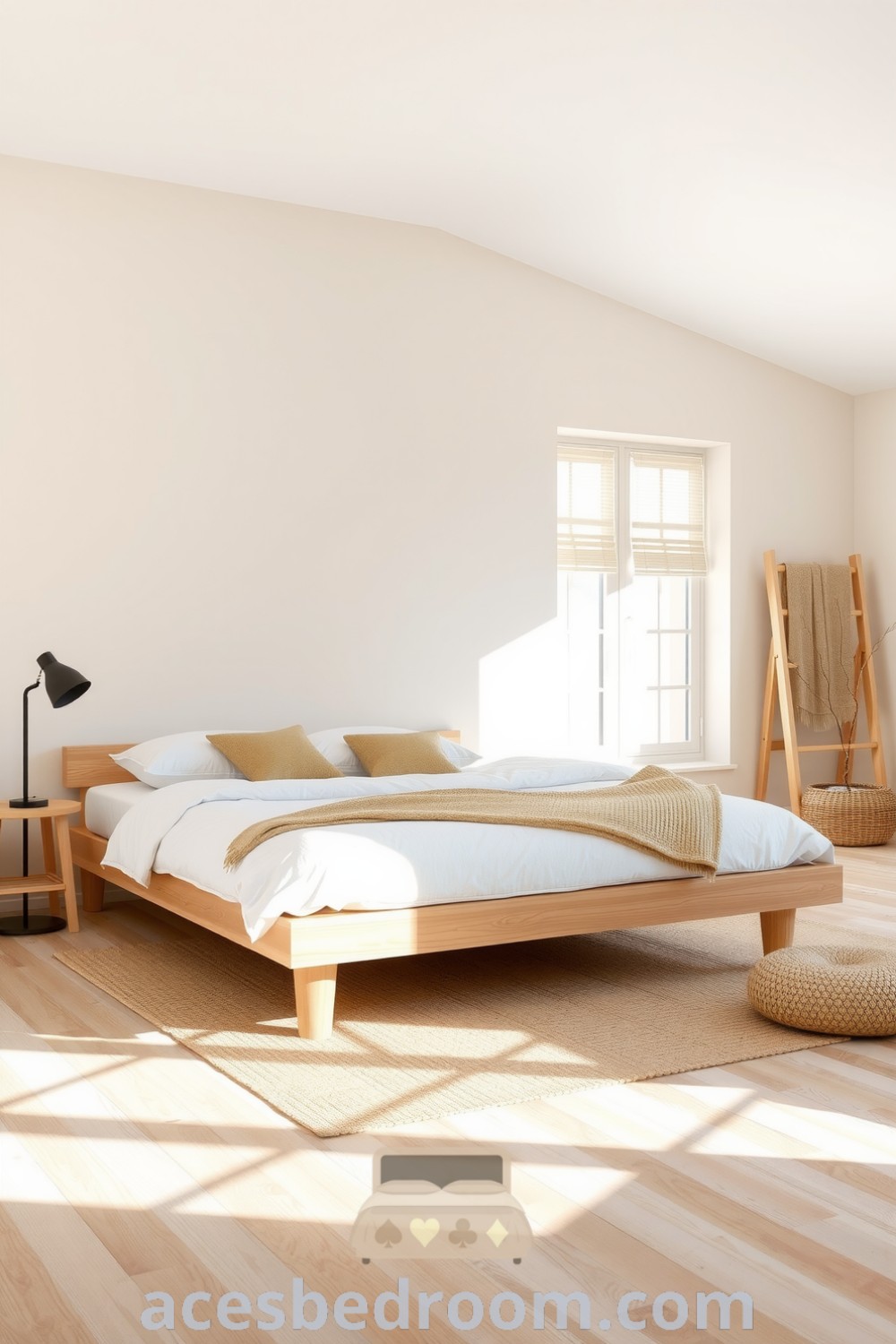 Cozy Scandinavian bedroom with soft beige walls, light oak bed frame, white duvet, natural fiber pillows, birch wood accents, and woven jute rug, creating a peaceful atmosphere, featured on acesbedroom.com.