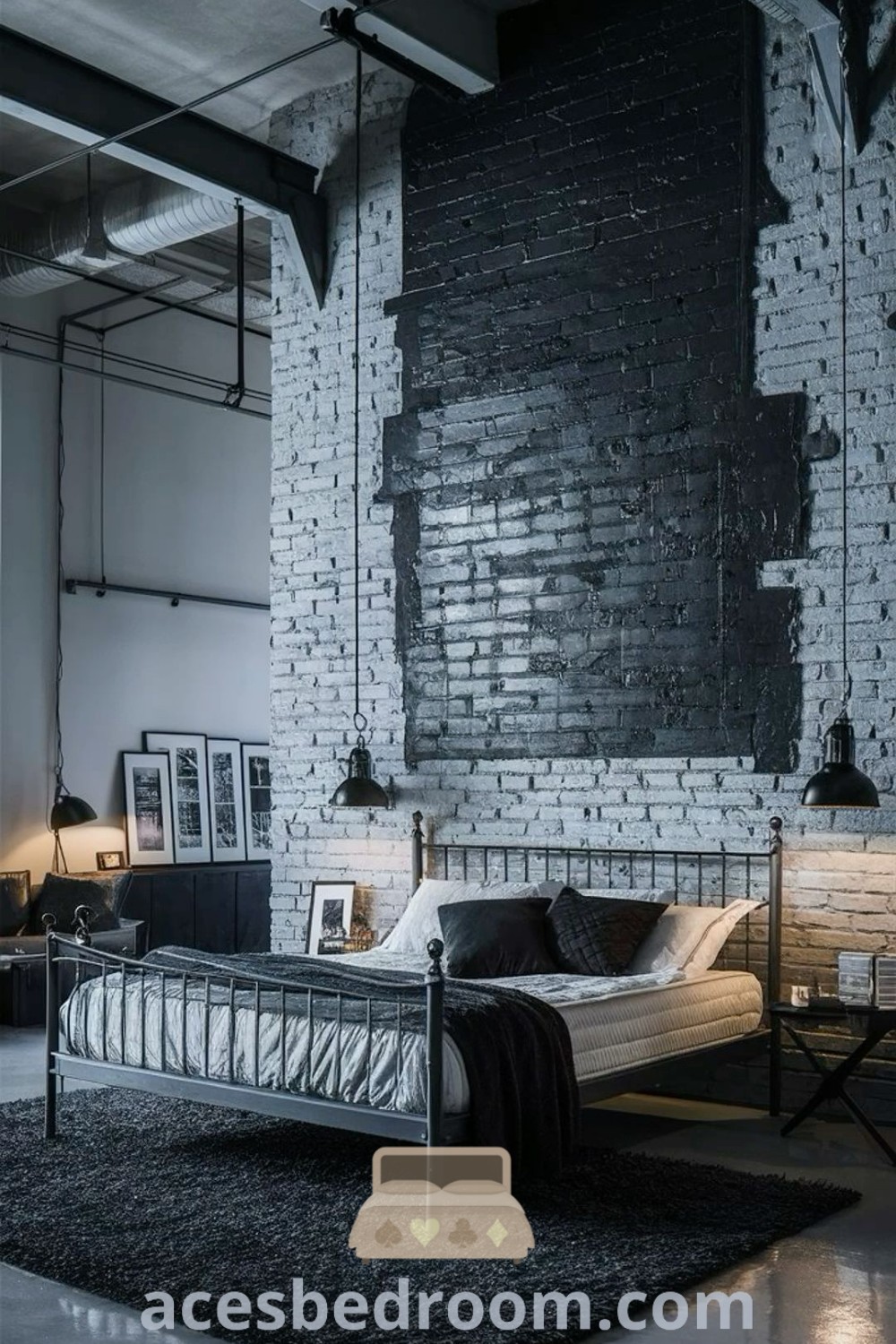 An industrial bedroom showcasing an exposed brick wall and a black metal bed frame, reflecting the industrial goth style and minimalist design. This cozy space features urban bedroom elements and serves as a beautiful example of brick interior design ideas for your home. Explore more inspirations at acesbedroom.com.