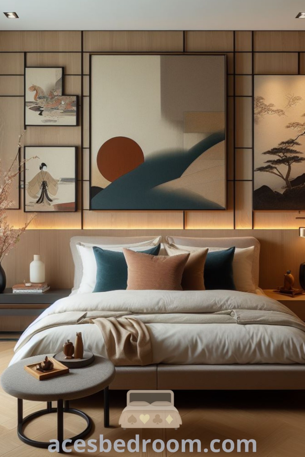 A stylish small industrial bedroom with a large bed on a hardwood floor, showcasing Japandi interiors and decor ideas for a cozy aesthetic. This space exemplifies minimal office design and cozy home inspirations, offering unique ideas for creating a warm and sophisticated look. Visit acesbedroom.com for more design ideas.