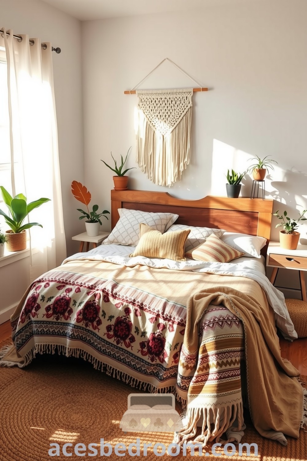 Cozy boho bedroom featuring beige tones, a textured jute rug, mismatched blankets, a macramé wall hanging, and potted plants for a serene atmosphere, highlighted with golden light through gauzy curtains, featured on acesbedroom.com.