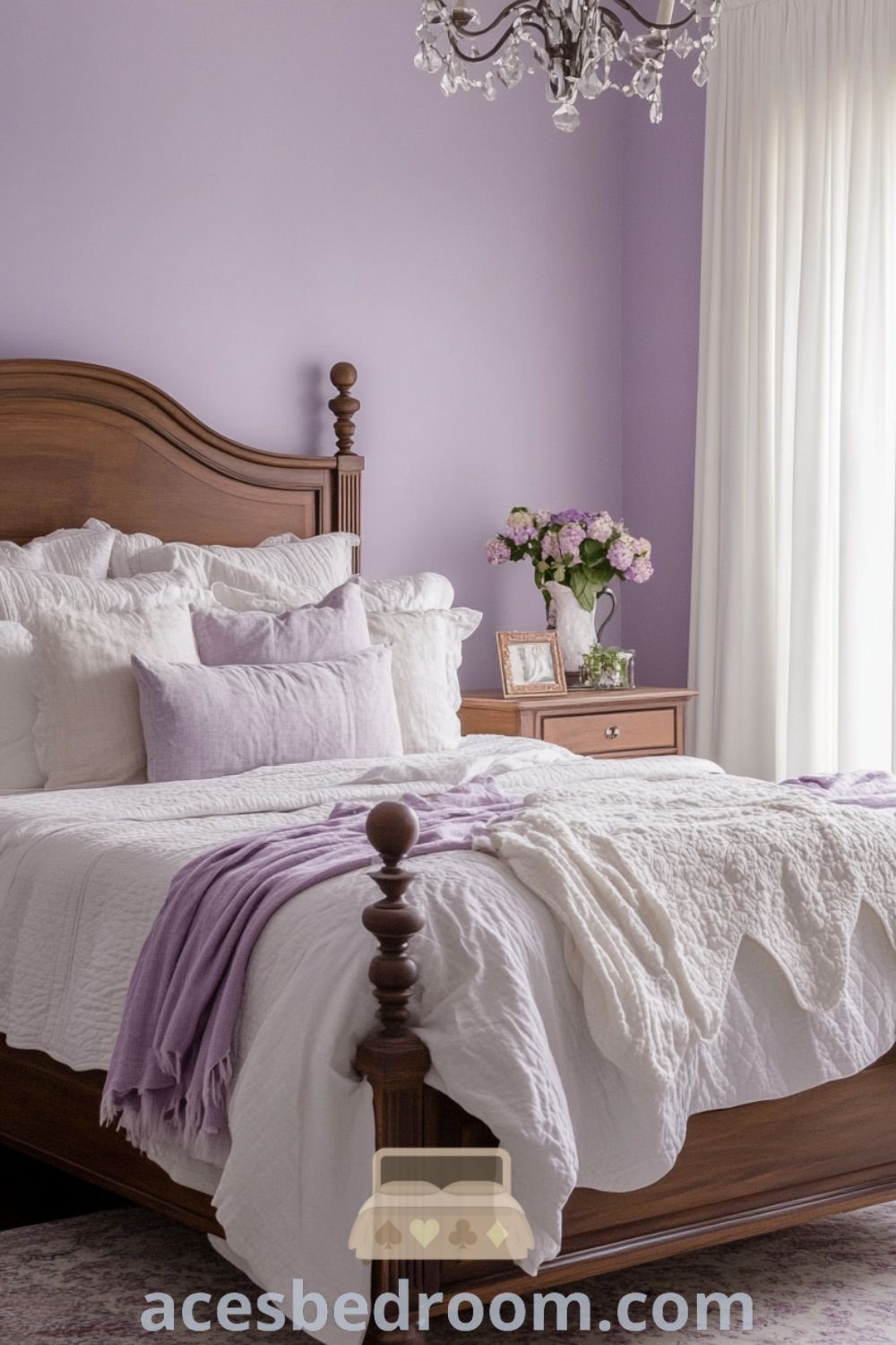 Cozy French Country Bedroom on acesbedroom.com featuring soft lavender walls, rustic wooden accents, and inspiring decor ideas for a warm and sophisticated look.