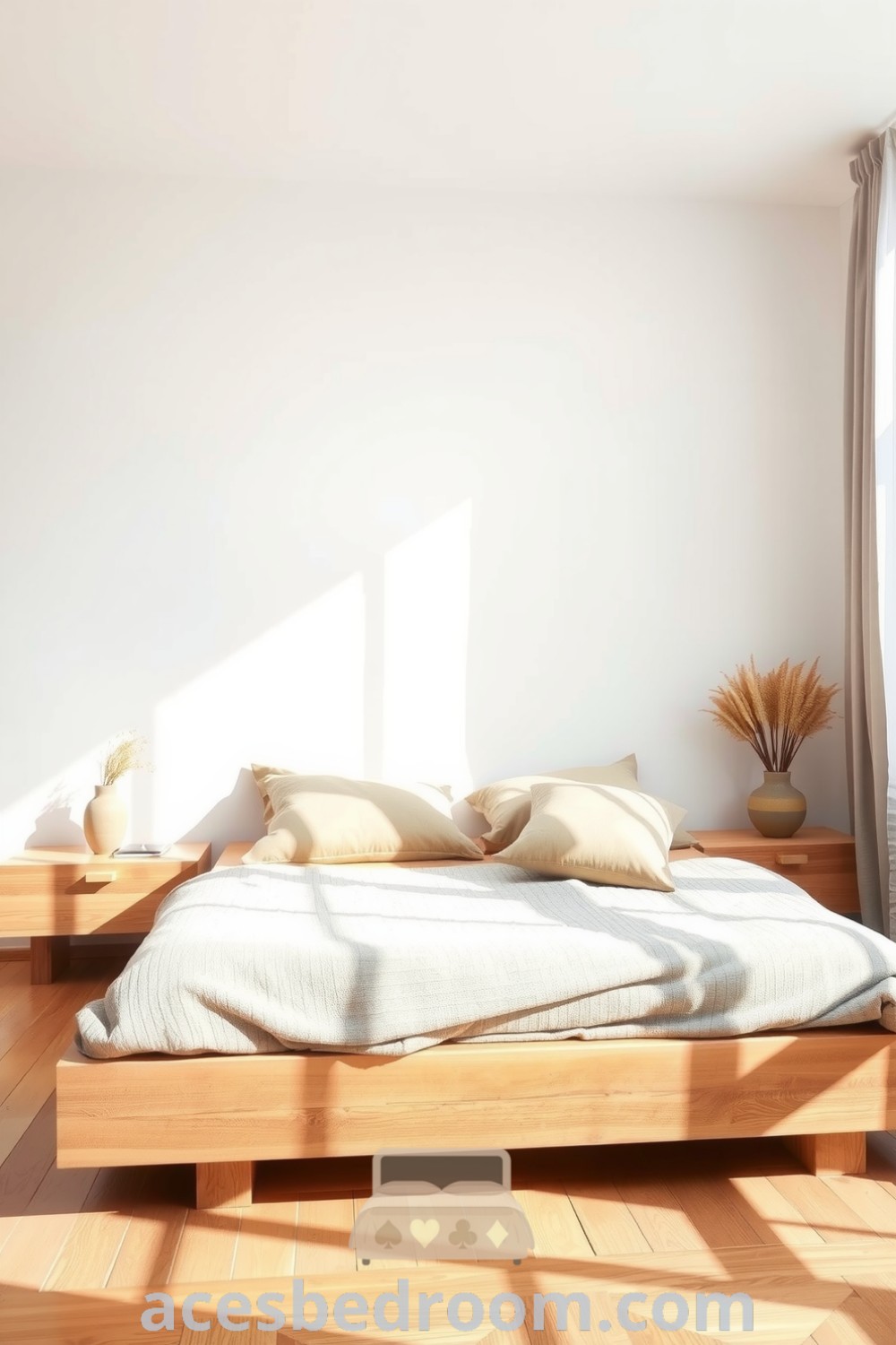 Cozy Japandi bedroom featuring smooth white walls, a reclaimed timber bed frame, soft earth-toned bedding, ceramic vases with dried grasses, and sheer curtains allowing sunlight to create a tranquil ambiance, highlighted on acesbedroom.com.