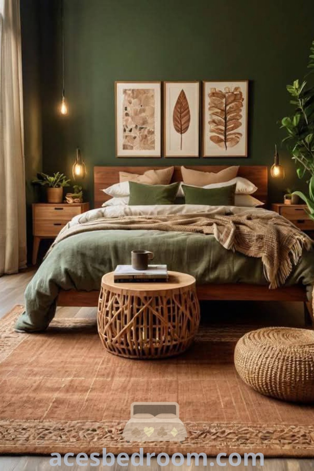 A cozy bedroom with dark green walls, a wooden bed frame, terracotta accents, and potted plants on the floor. This earthy MCM bedroom design includes unique ideas that inspire a warm, sophisticated look, perfect for creating a spa-like guest bedroom. Discover more decor ideas at acesbedroom.com.
