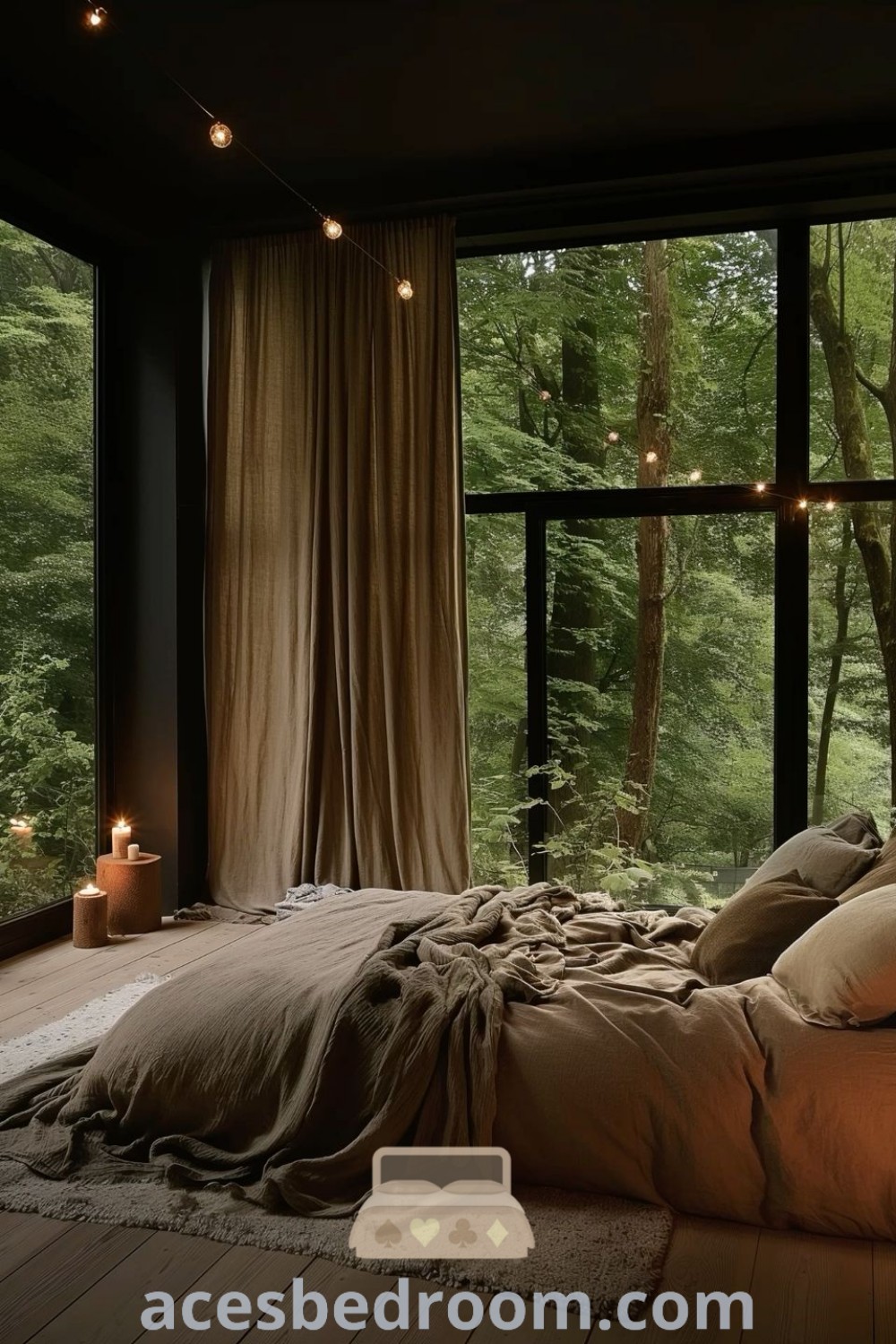A serene bedroom with abundant windows, showcasing a nature hotel room aesthetic, featuring greenery, hobbit style elements, dark woodsy decor, and a jungle bedroom aesthetic. This cozy space offers stylish design ideas for creating a warm and inviting home atmosphere. Discover more inspiring decor ideas at acesbedroom.com.