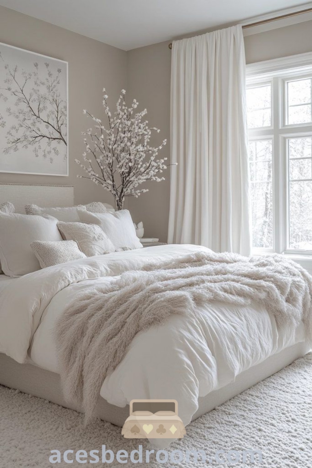 A cozy bedroom showcasing a bed with white comforters and pillows next to a large window, creating an inspiring and peaceful atmosphere. This inviting space offers unique decor ideas for a warm and sophisticated look, making it the perfect haven for rest and relaxation. Explore more cozy ideas at acesbedroom.com.