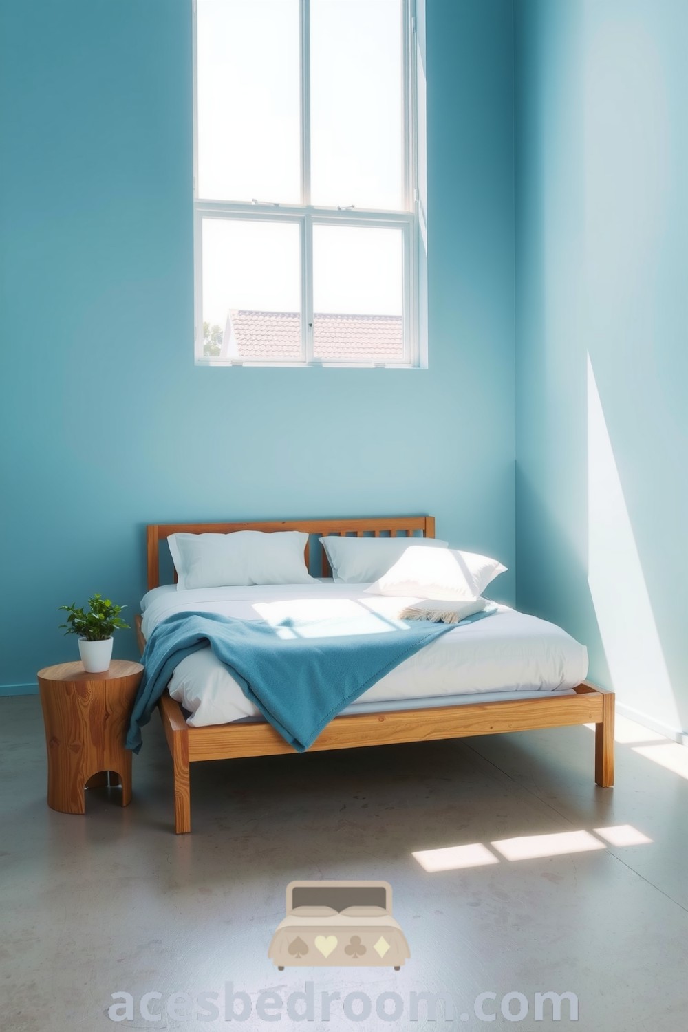 Cozy minimalist blue bedroom featuring soft azure walls, a wooden bed dressed in white linens, and a potted plant, showcasing design ideas for a serene and inviting retreat, highlighted on acesbedroom.com.