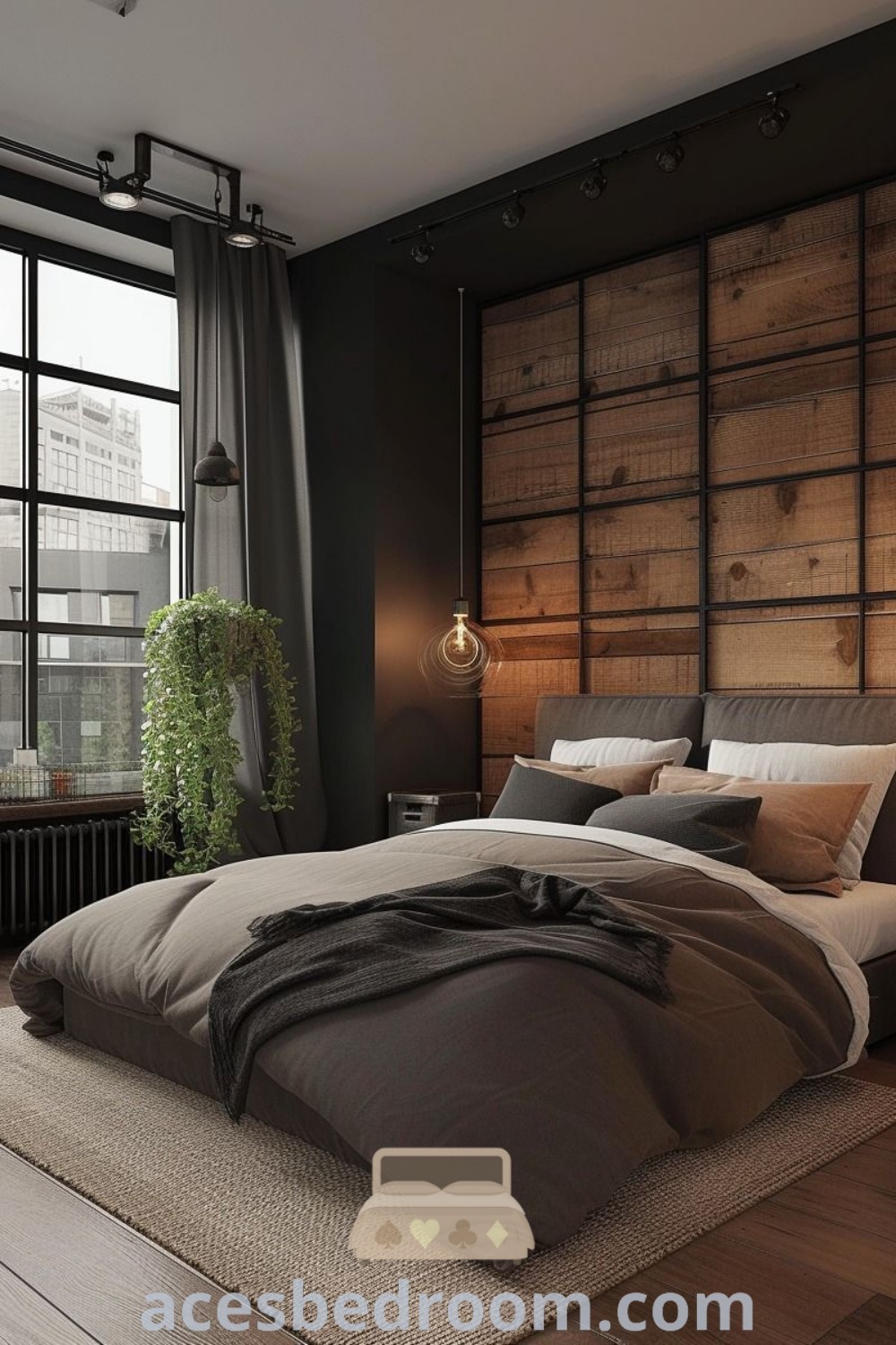 A large bed in a modern industrial bedroom, illuminated by natural light from a window. The design includes stylish wooden ceiling beams and industrial chic decor elements. This cozy bedroom offers inspiration for creating a warm and sophisticated look. Discover unique ideas for your home at acesbedroom.com.