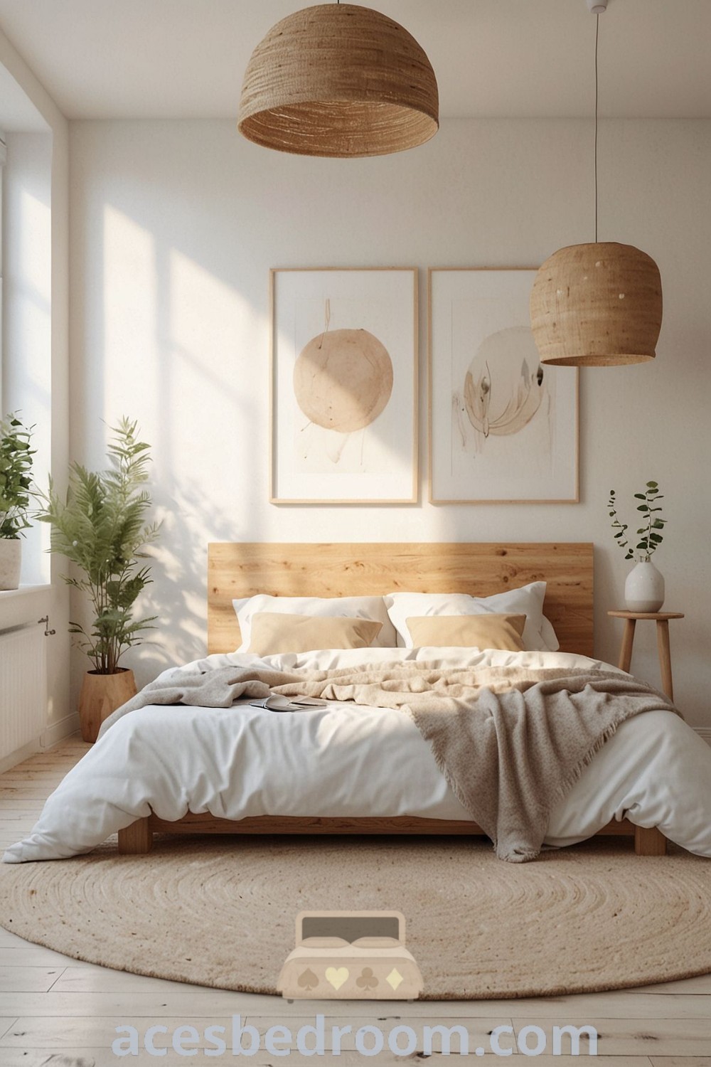 A cozy Scandinavian bedroom showcasing a large bed next to two plants, illustrating coastal Scandinavian style and neutral tones. This design incorporates elements of Danish aesthetic, providing inspiring ideas for a warm and sophisticated look. Discover more cozy decor ideas at acesbedroom.com.