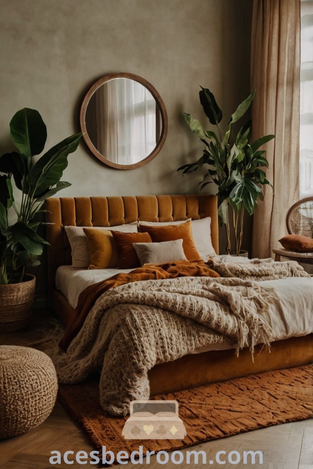 A cozy boho minimalist bedroom with a bed, mirror, and plants in the corner, showcasing earthy elegant tones and neutral earth decor ideas. This space provides inspiring designs for a warm and sophisticated look, perfect for a cozy home atmosphere. Discover more at acesbedroom.com.