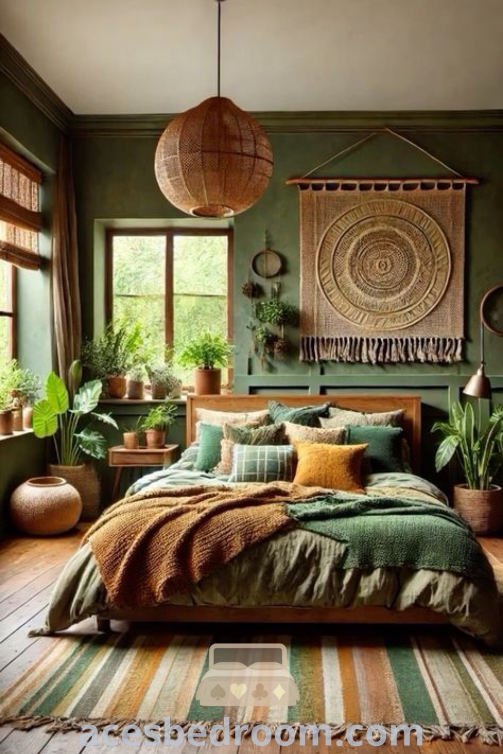 A cozy bedroom with sage green walls and wooden floors, showcasing boho vintage decor elements that create an earthy aesthetic. This room offers stylish and inviting ideas for your home, perfect for small apartment bedrooms seeking inspiration. Find more decor ideas at acesbedroom.com.