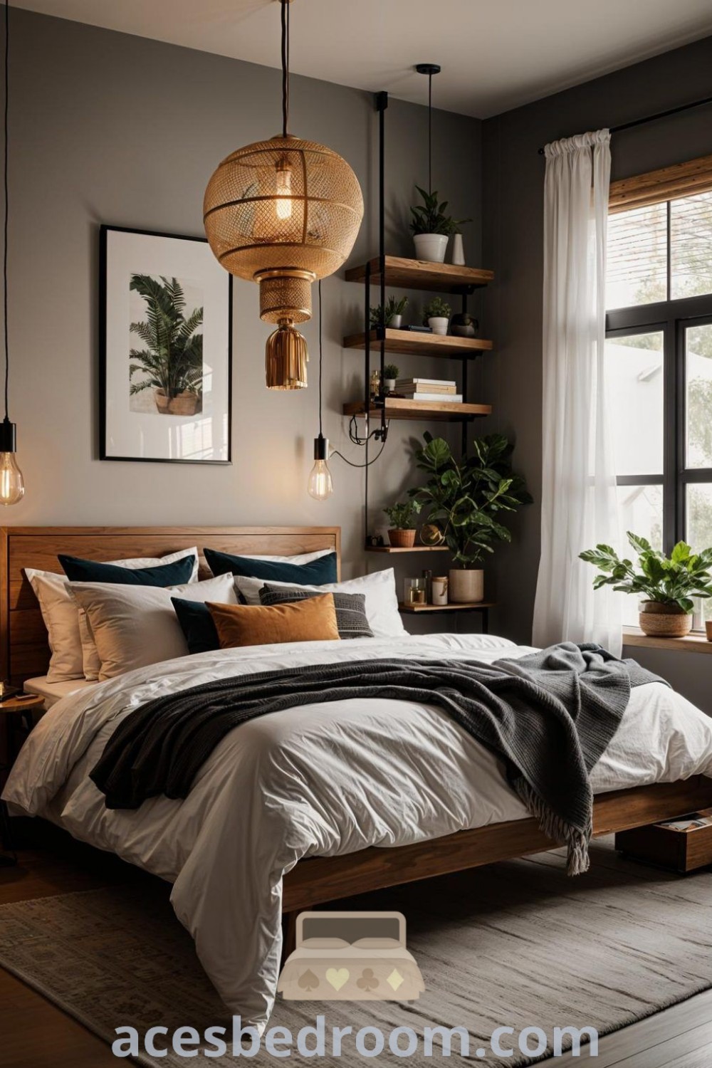 A cozy bedroom featuring a bed by a window surrounded by plants, embodying a Male Boho Bedroom aesthetic. This design blends Industrial and Black Boho elements with wood ideas, offering unique decor inspirations for a stylish and warm home. Discover more decor ideas at acesbedroom.com.