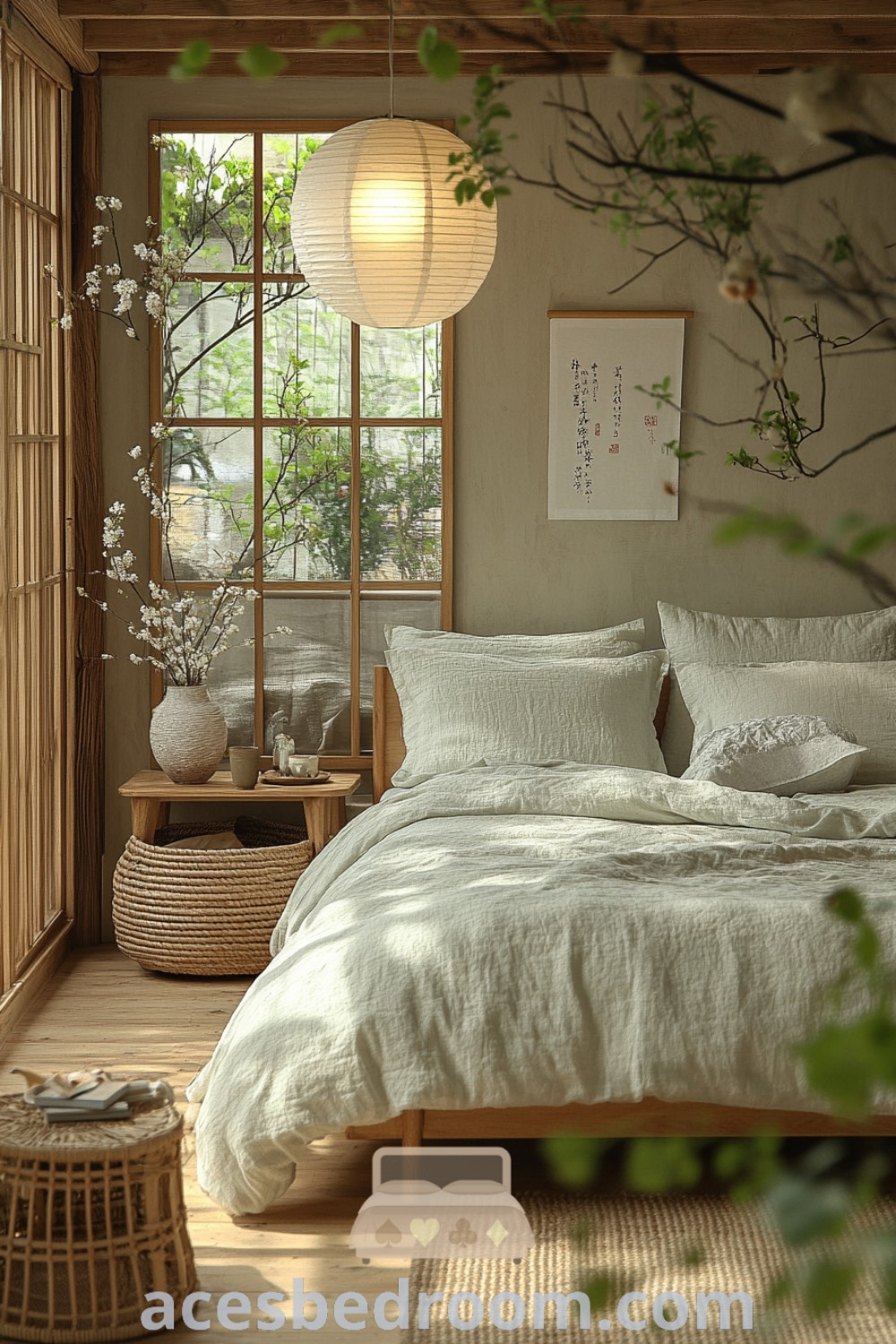 A cozy Zen bedroom showcasing a bed with white linens and pillows in a small room by a window, reflecting Japanese Aesthetic and Japandi decor ideas. This inviting space provides inspiration for creating a warm and stylish home, complete with unique ideas from acesbedroom.com.