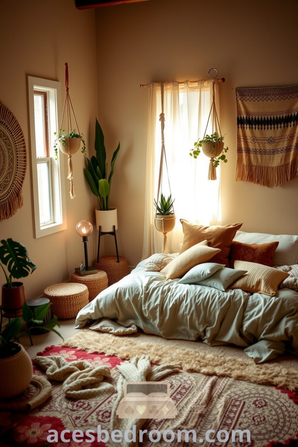 Cozy boho bedroom design featuring beige walls, a bed layered with wrinkled quilts and earthy cushions, woven tapestries, and vibrant plants in macramé hangers, creating a warm and inviting atmosphere, showcased on acesbedroom.com.