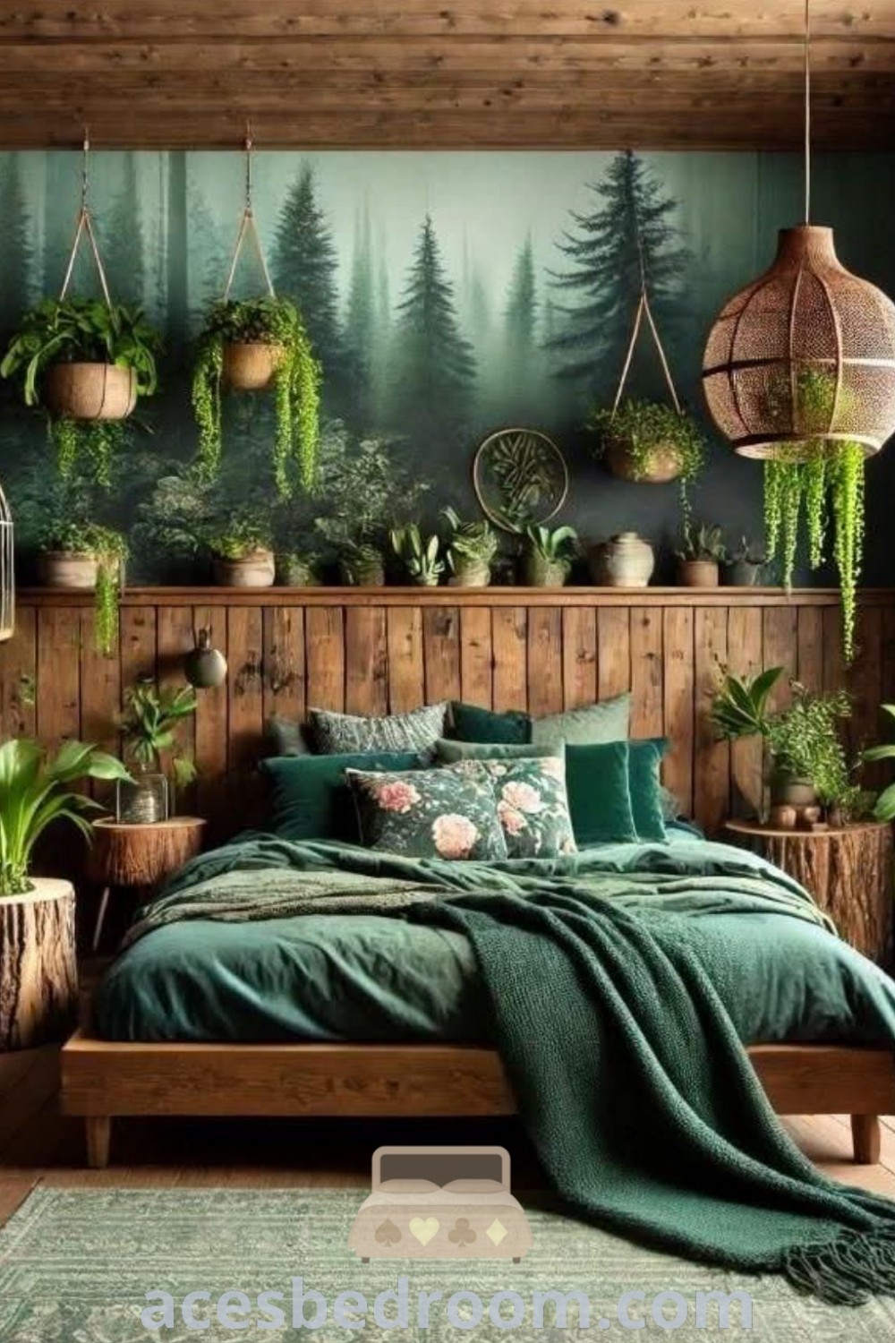 A cozy bedroom with forest green walls adorned with plants, creating a serene and inspiring atmosphere. This woodsy bedroom decor exemplifies nature lover principles and offers stylish design ideas for calming and cozy interiors. Discover more decor inspirations at acesbedroom.com.