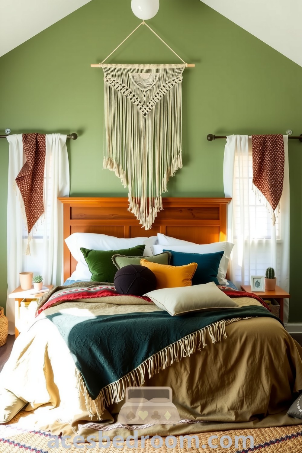 Cozy bohemian bedroom featuring soft green walls, macramé wall hanging, layered quilts and pillows in deep greens and earthy tones, woven jute rug, and natural sunlight, designed to evoke warmth and relaxation, showcased on acesbedroom.com.