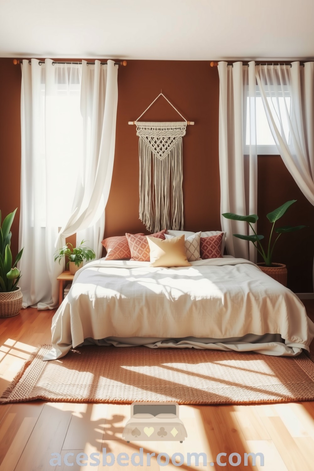 Cozy boho bedroom featuring warm brown walls, oversized bed with textured throws and cushions, macramé wall hanging, natural light through sheer curtains, potted plants, and woven rugs for a tranquil ambiance, showcased on acesbedroom.com.