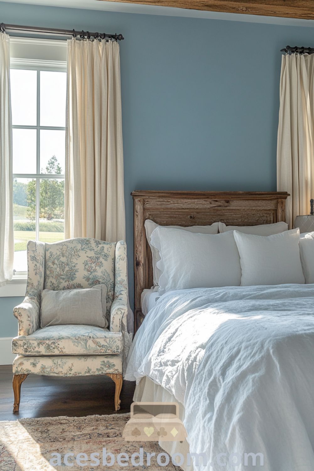 Cozy modern French country bedroom featuring soft blue walls, rustic wood accents, a plush bed with light linen, and a vintage floral armchair, designed for a warm and inviting atmosphere, showcased on acesbedroom.com.