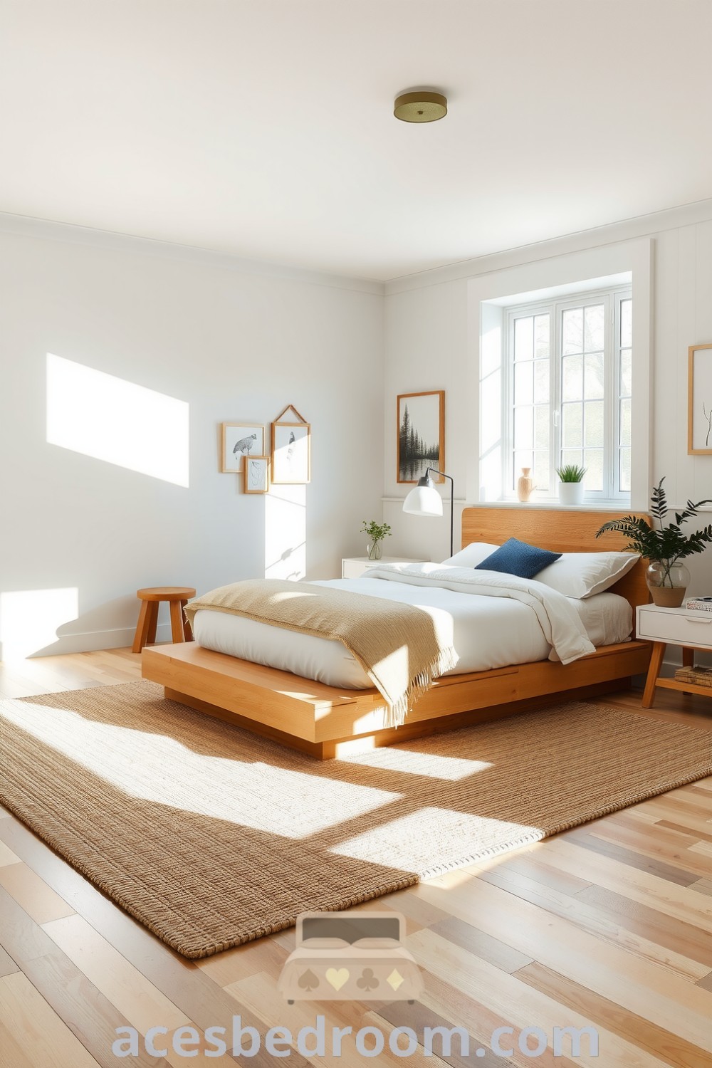 Cozy Scandinavian bedroom featuring light wood accents, muted colors, a platform bed on a handwoven rug, and minimalist decor with potted plants and nature prints, providing design inspiration for a warm and sophisticated look, showcased on acesbedroom.com.