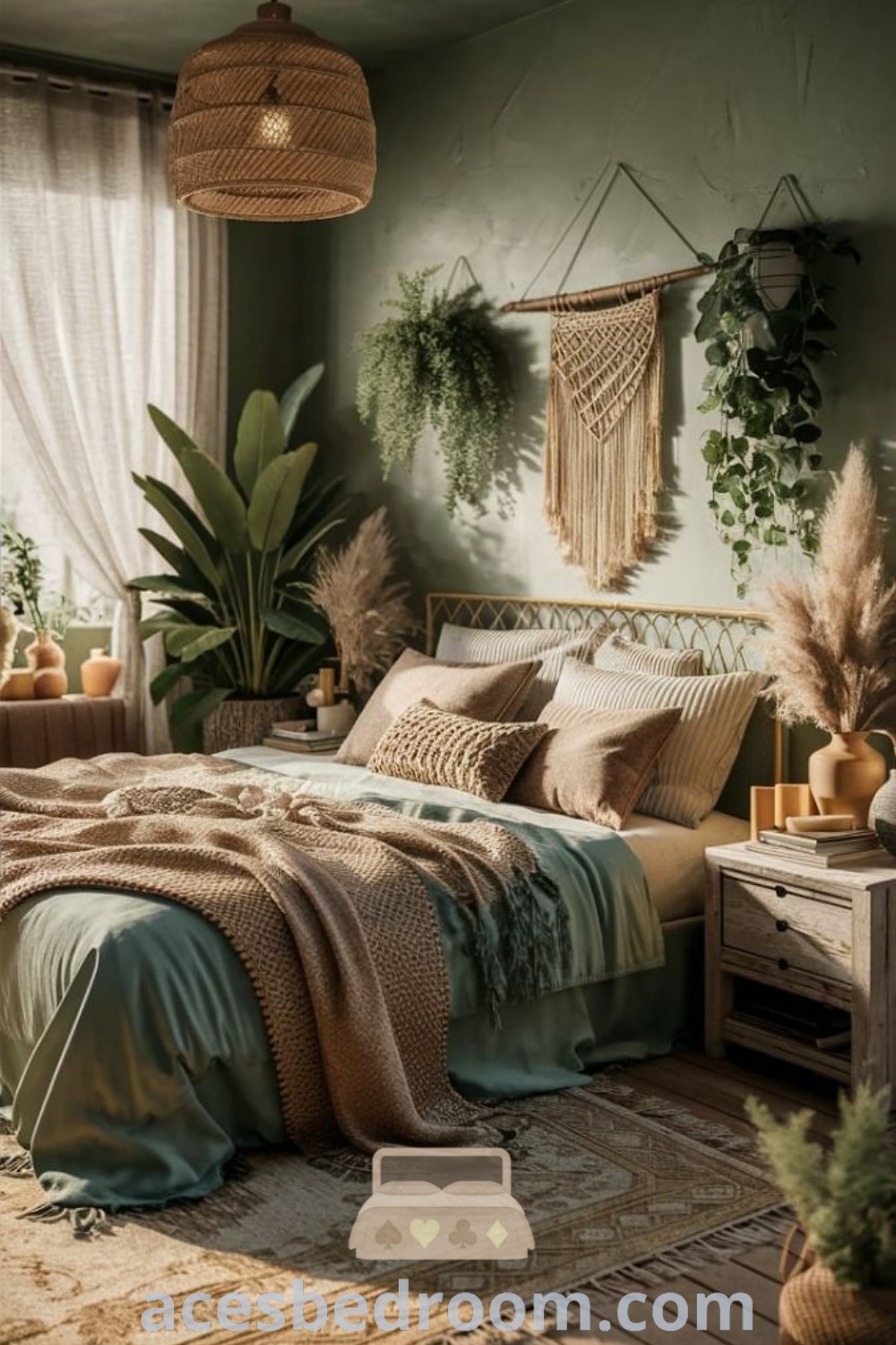 A cozy bedroom with a neatly made bed, emerald and terracotta decor, and plants, showcasing a green cottagecore aesthetic and bohemian charm. This inviting space offers unique decor ideas for a warm and sophisticated look, perfect for creating your tranquil haven at acesbedroom.com.