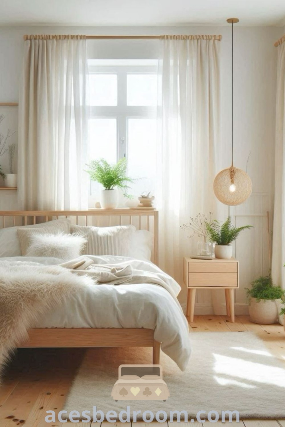 A beautifully designed bedroom with white walls, wooden floors, and plants by the window, showcasing a cozy Japandi style. This inspiring space integrates Muji and Scandinavian interior aesthetics, offering unique decor ideas for a warm and sophisticated look. Discover more design tips and inspirations at acesbedroom.com.