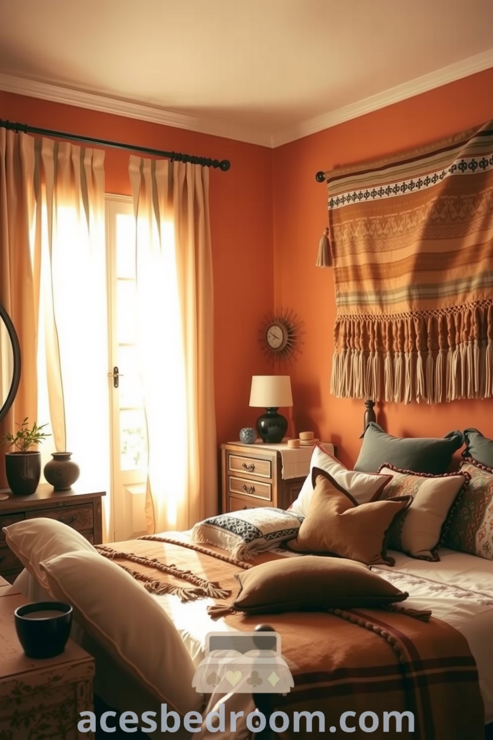 Cozy Boho bedroom featuring soft orange walls, mismatched earthy cushions, a woven tapestry, and an antique wooden dresser with plants, creating a warm and inviting space, showcased on acesbedroom.com.