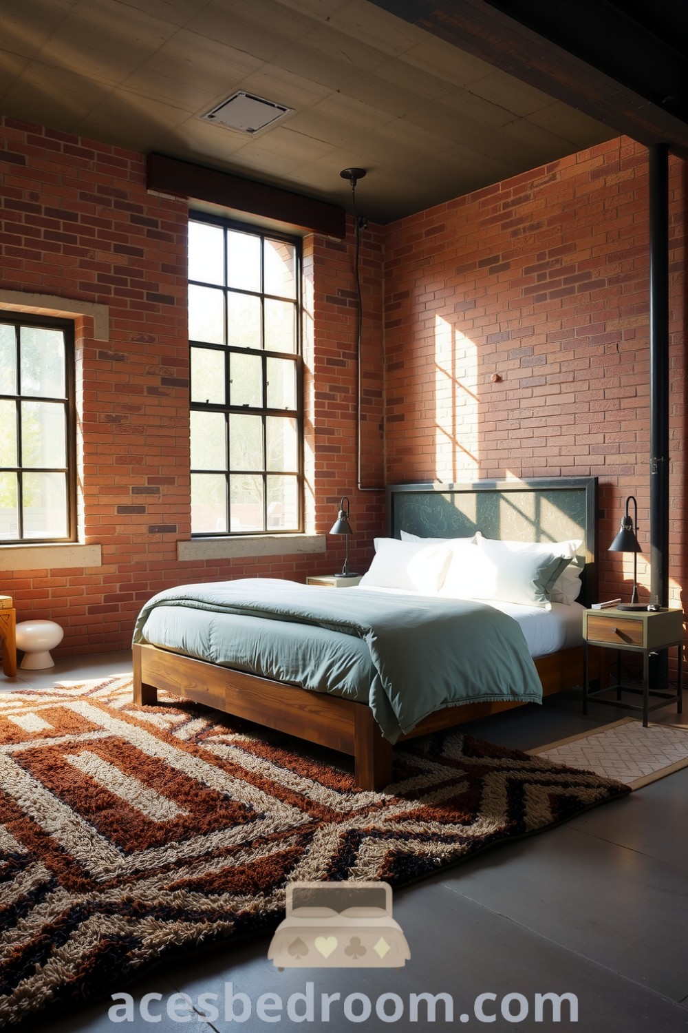 Cozy industrial bedroom featuring a brown stained wooden bed frame with a metal headboard, exposed brick walls, natural light from an oversized window, plush rug, and vintage lamps for an inviting atmosphere, showcased on acesbedroom.com.