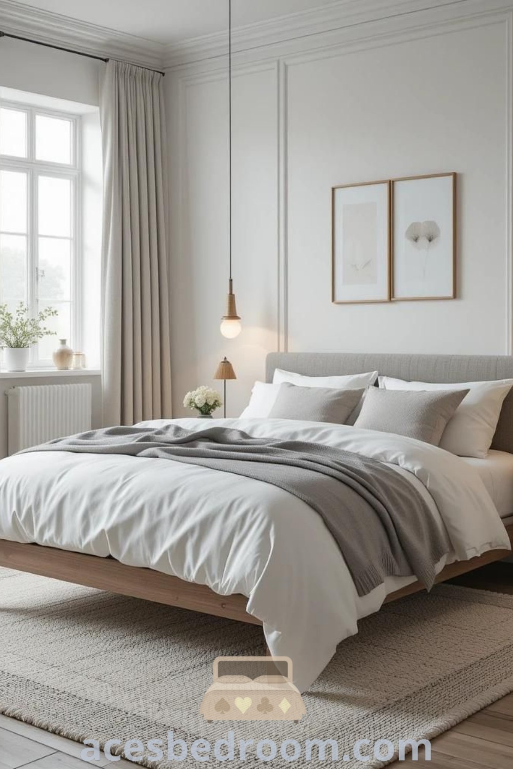 A Scandinavian bedroom showcasing a large gray bed with white and gray bedding, white walls, and wood flooring. This decor emphasizes cozy aesthetics and stylish design ideas, creating an inspiring and warm atmosphere. For more unique ideas and cozy home inspirations, visit acesbedroom.com.