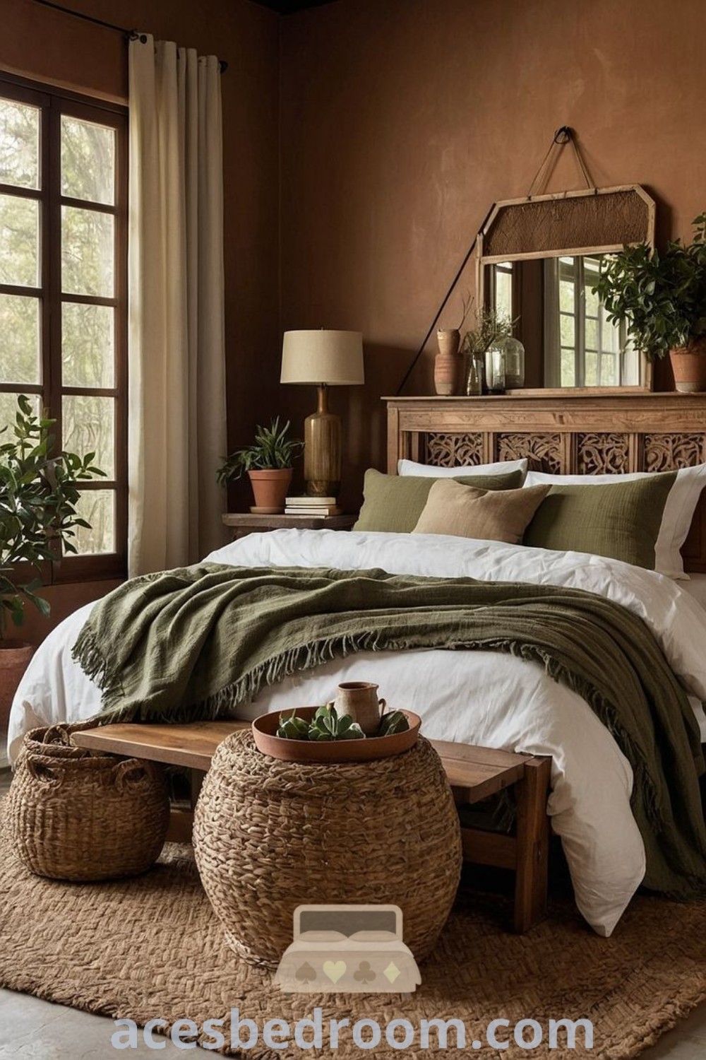 A cozy bedroom with a large bed beside a window, featuring potted plants on top, dark wooden furniture, and an earthy green aesthetic. This design inspires inviting decor ideas for a calm and stylish home at acesbedroom.com.