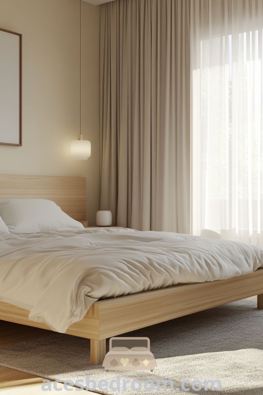 Serene minimalist bedroom design on acesbedroom.com showcasing a low-profile wooden bed, soft textures, calming design, and peaceful environment for a restful escape.