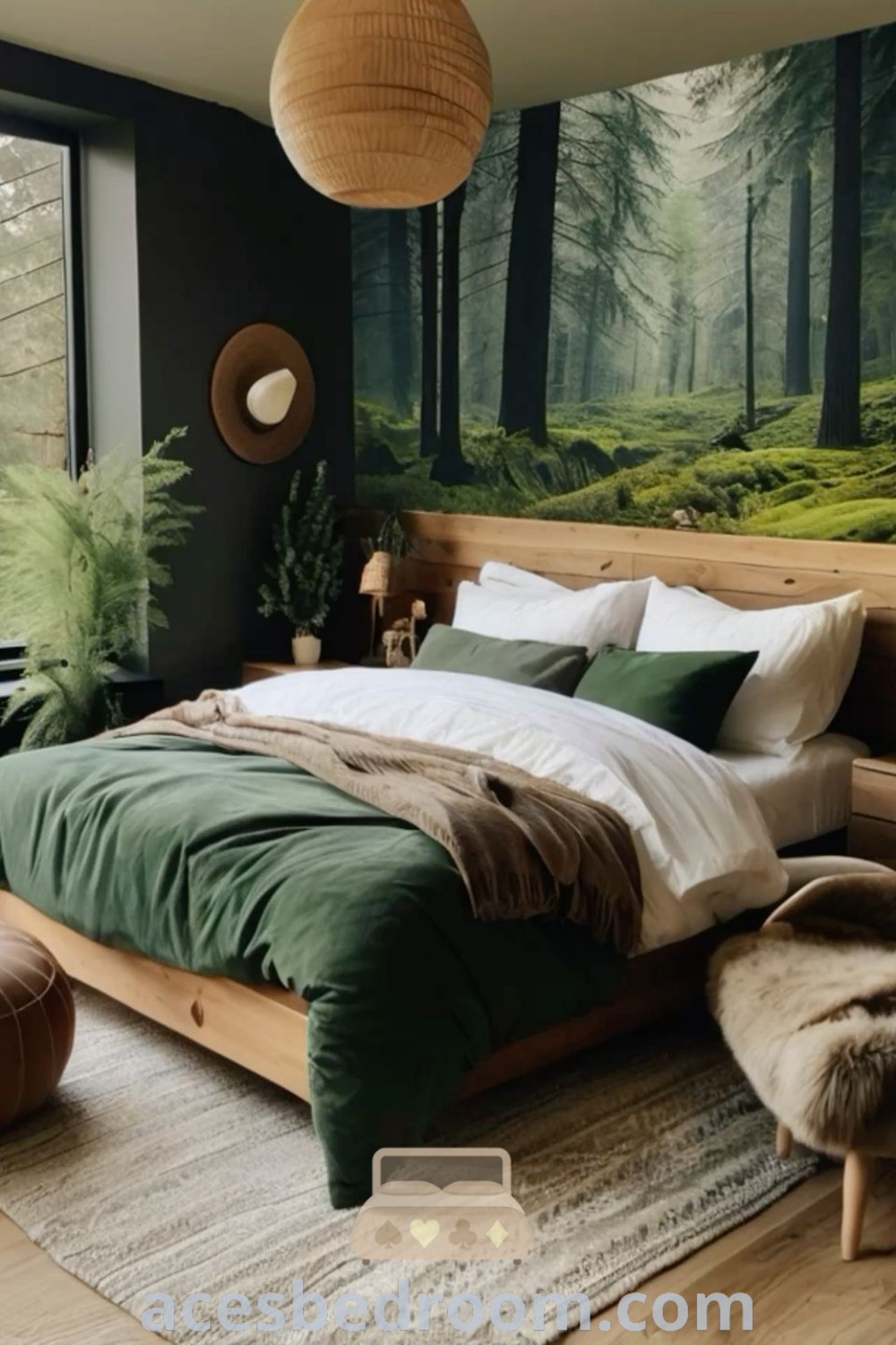 A cozy forest-inspired bedroom featuring a large painting of nature, warm decor elements, and an inviting atmosphere that reflects woodsy bedroom ideas. Perfect for anyone seeking nature-inspired bedroom designs, this space brings the outdoors inside for a stylish and calming retreat. Explore more decor inspirations at acesbedroom.com.