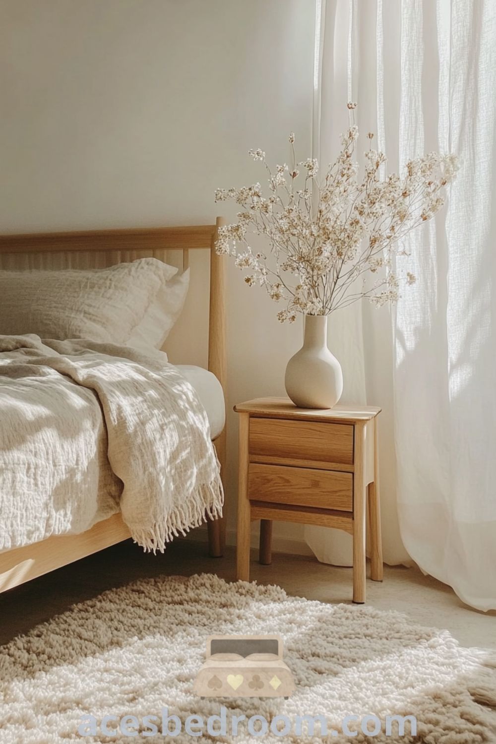 Cozy Scandinavian bedroom featuring pale-yellow curtains, light wood bed frame, gray and cream linens, a simple wool rug, and a wooden nightstand with fresh wildflowers, creating a serene atmosphere and inspiring decor ideas for a warm and sophisticated look showcased on acesbedroom.com.