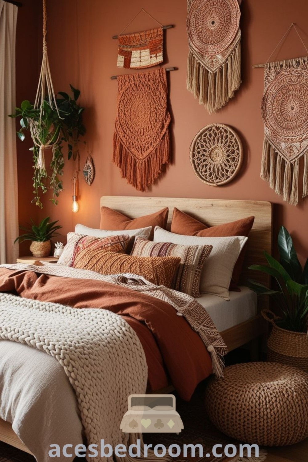 A cozy bohemian bedroom decorated in warm orange and brown tones with macrame wall hangings and a canopy bed. This earth-inspired aesthetic offers unique design ideas for a stylish space, inviting warmth and comfort. Explore more at acesbedroom.com.