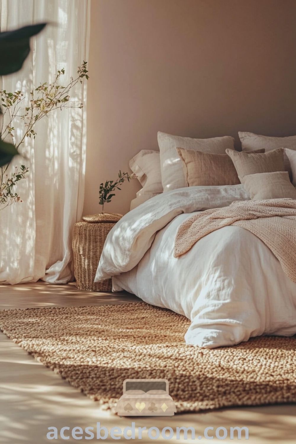 Cozy Scandinavian bedroom featuring soft pink walls, natural wood accents, a inviting bed with layered linens and plush pillows, a woven rug, and light-filtering linen curtains, designed to inspire a tranquil atmosphere, showcased on acesbedroom.com.