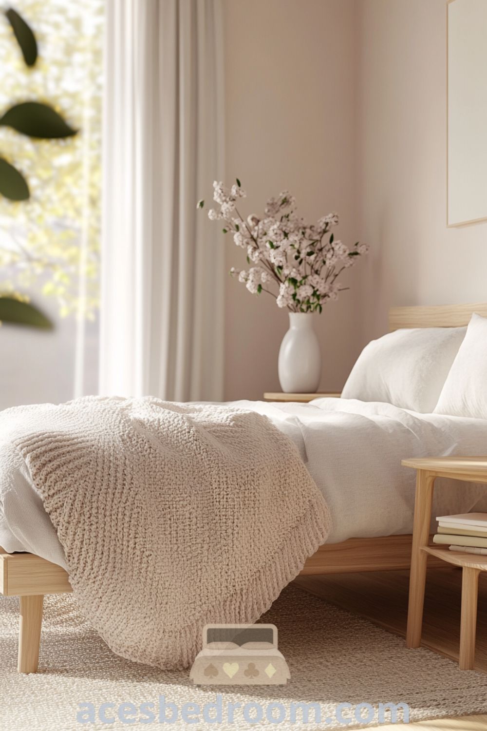 Cozy Scandinavian bedroom with soft pink walls, light wood furniture, light gray linens, and a knit throw, featuring fresh flowers and ample natural light for a warm and inviting atmosphere, showcased on acesbedroom.com.