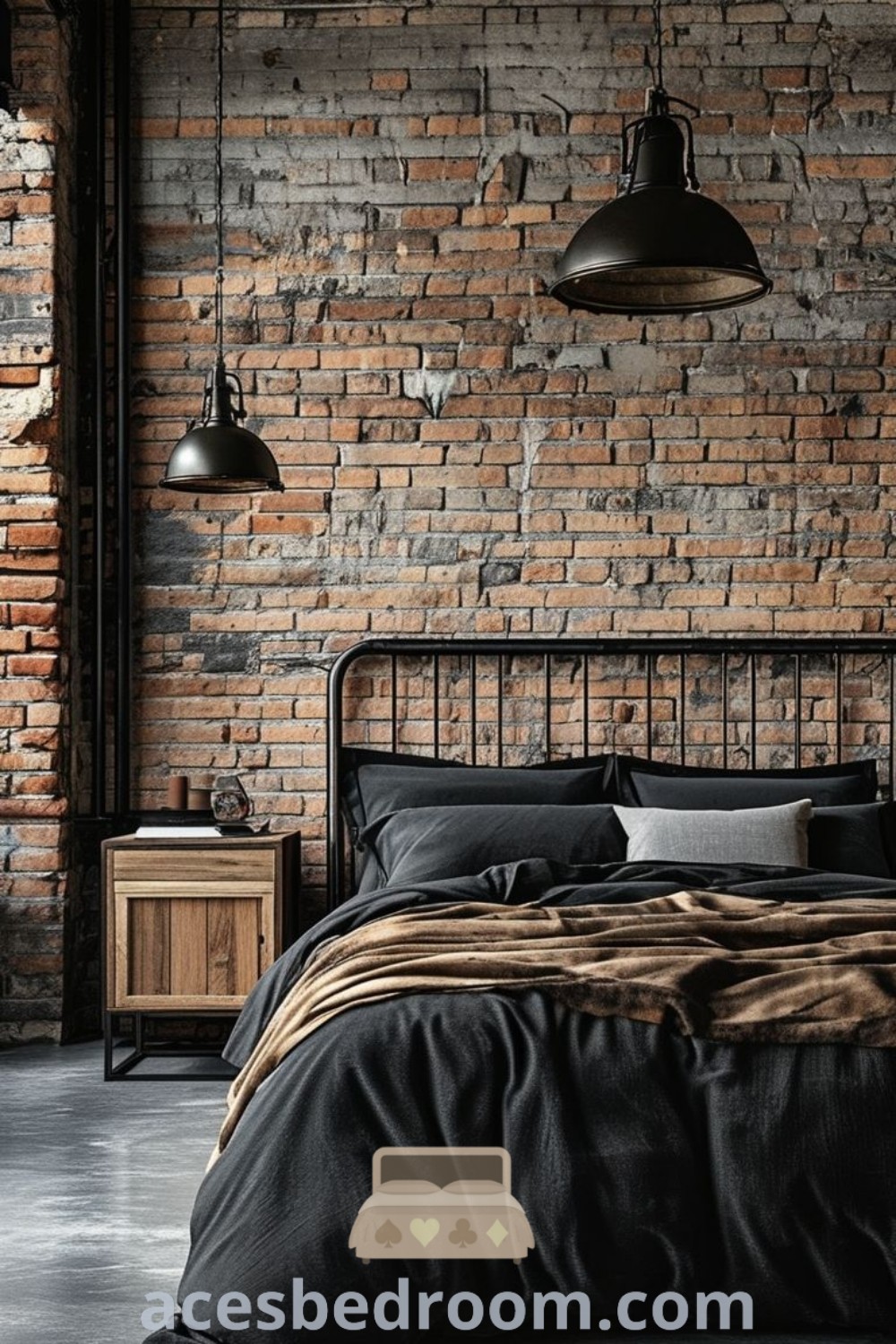 An industrial bedroom with brick walls, black bedding, and two stylish hanging lights, showcasing cozy decor ideas for a sophisticated look. Discover unique design ideas and inspirations for your home at acesbedroom.com.