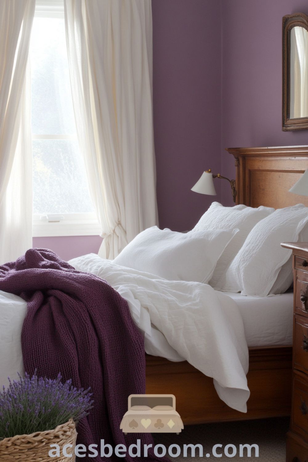 Cozy French country bedroom on acesbedroom.com featuring warm purple tones, vintage accents, cozy ideas, and inviting decor inspirations.