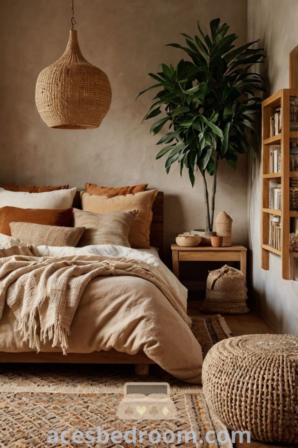 A cozy boho island bedroom featuring a large bed, an abundance of natural materials, hanging plants, and wicker baskets for decor. This warm, earthy space offers stylish design ideas and inspirations for a calm and neutral bedroom look. Find more unique ideas at acesbedroom.com.
