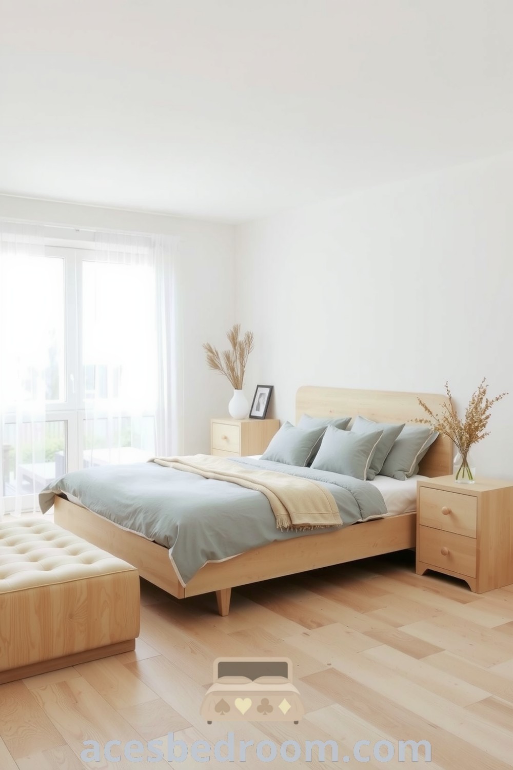 Cozy Scandinavian bedroom featuring pale wooden floors, crisp white walls, low-profile bed with gray bedding, minimalist wooden furniture, and sheer curtains for a fresh ambiance, showcased on acesbedroom.com.