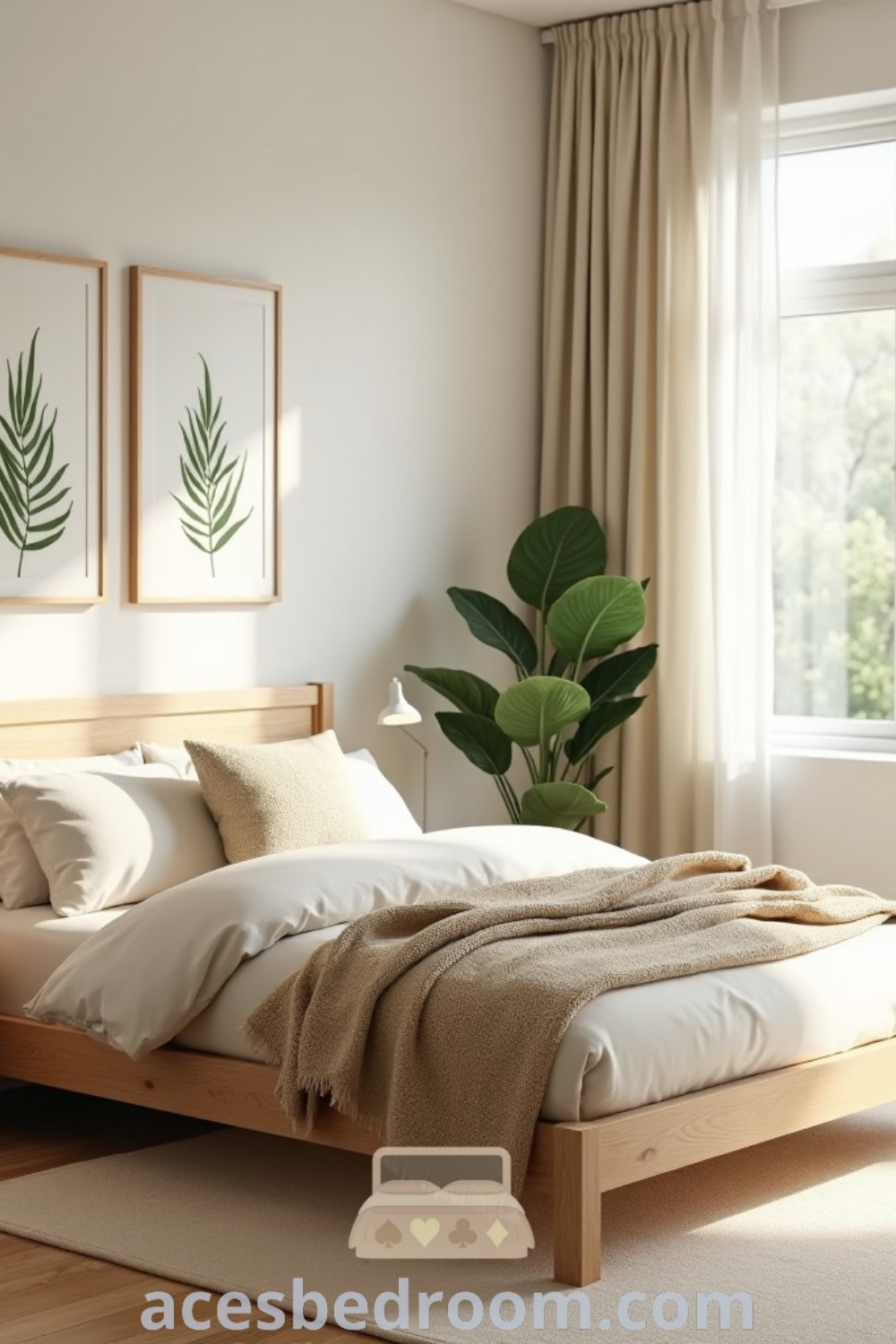 A cozy bedroom with a bed, nightstands, and two plants on the window sill, highlighting stylish small bedroom decor ideas. This inspiring space incorporates tropical and Nordic bedroom themes, offering unique design ideas for your home. Discover more cozy inspirations at acesbedroom.com.