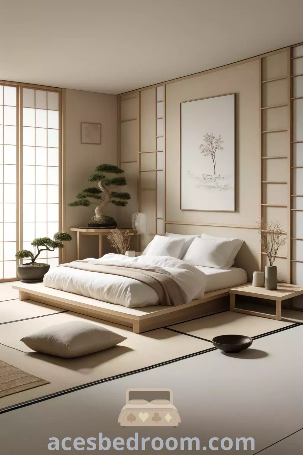 A cozy Japanese bedroom with a low platform bed, Shoji screens, a table, and a potted plant, designed for a warm and sophisticated look. This space showcases unique Japanese room decor ideas, offering inspiring decor inspirations for your home. Visit acesbedroom.com for more trendy bedroom design ideas.