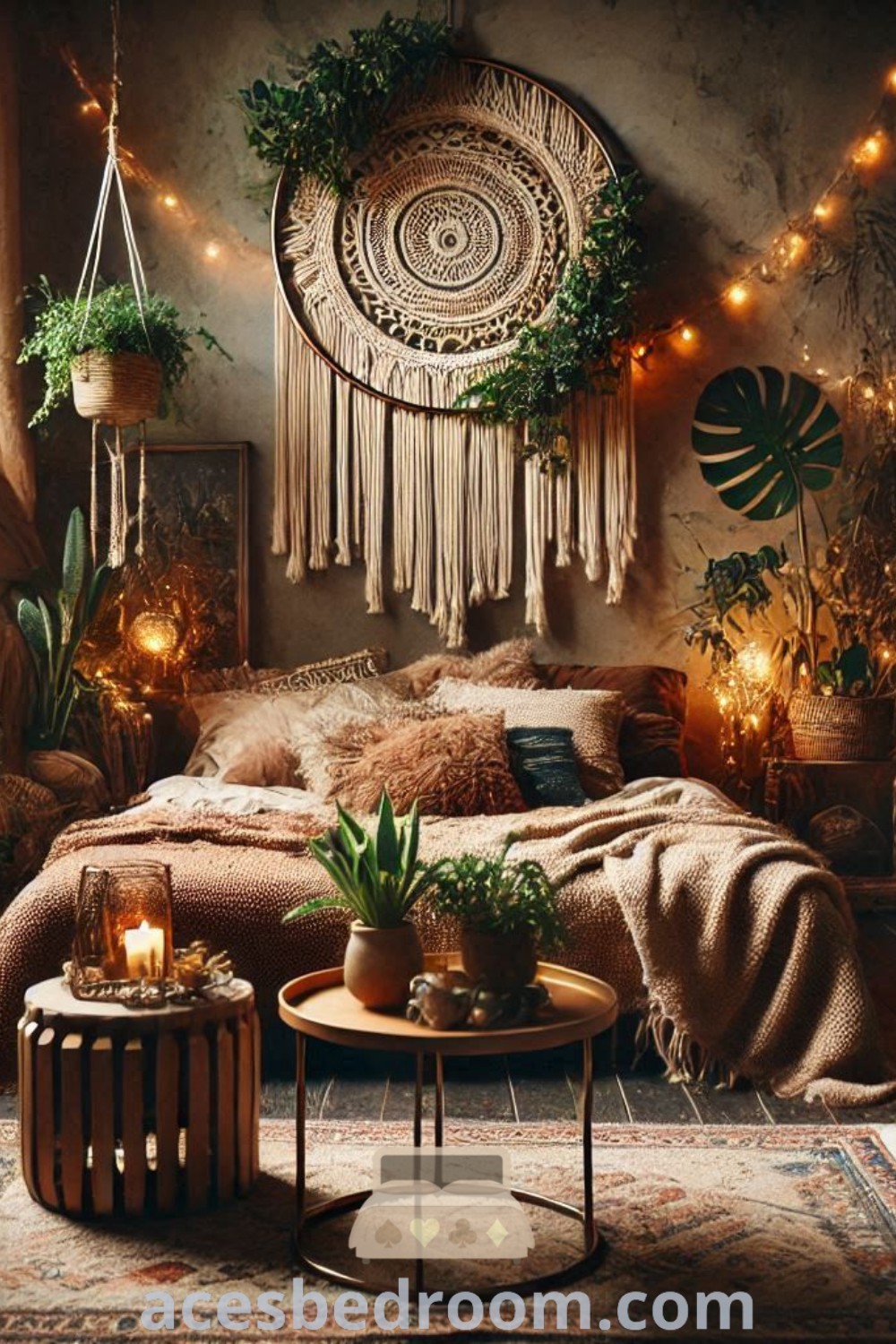 A warm boho bedroom featuring olive green walls, vibrant plants, and decorative lights, creating a cozy and inviting atmosphere. This inspiring space showcases eclectic decor ideas for a tranquil haven, perfect for relaxation and meditation. For more design inspirations, visit acesbedroom.com.