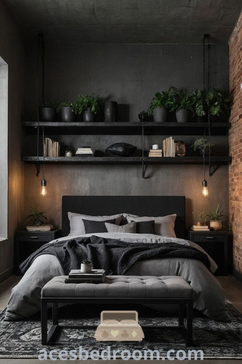A cozy bedroom showcasing a large bed under a window with a shelf of potted plants, featuring matte black design elements and black brick accents. This stylish setup offers unique decor ideas for a warm and sophisticated look, perfect for inspiring your home. Discover more design ideas at acesbedroom.com.
