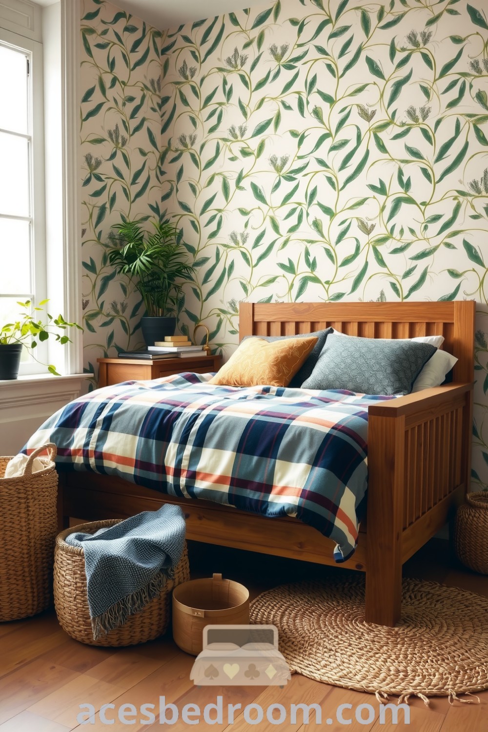 Cozy nature-inspired bedroom featuring soft greens and browns, an oak bed with plaid comforter, and vibrant plants on the windowsill, ideal decor ideas for a warm and sophisticated look showcased on acesbedroom.com.