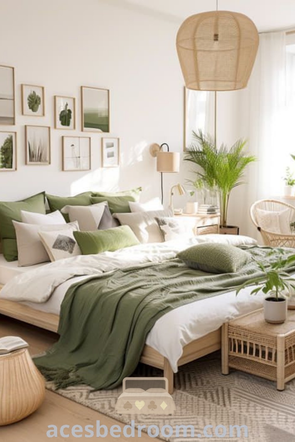 A cozy Earthy Modern Bedroom with white walls, green bedding, and a large window filled with potted plants, showcasing inviting decor ideas and inspirations for a warm and sophisticated look. Discover unique styles and cozy aesthetic trends at acesbedroom.com.