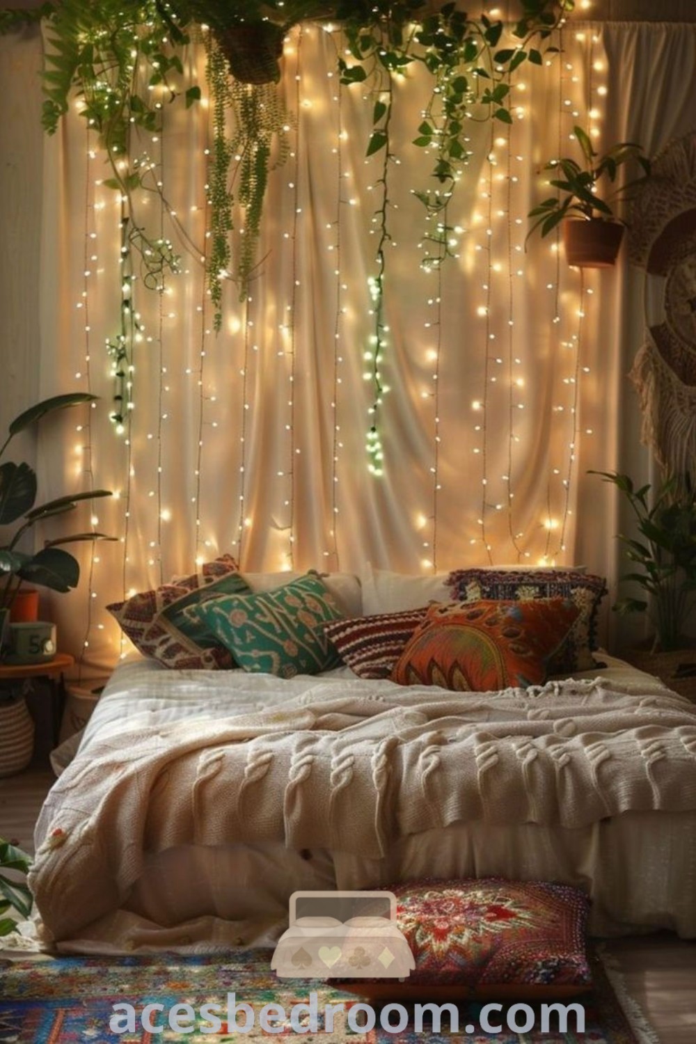 A cozy bedroom showcasing a bed adorned with lights beside a window with thriving plants. This boho room combines stylish decor ideas with a warm aesthetic, offering unique inspirations for your home. Explore more cozy decor inspirations at acesbedroom.com.