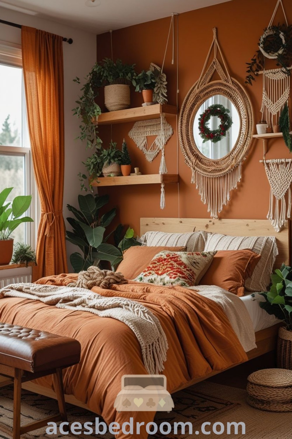 A cozy bedroom with orange walls and hanging plants, showcasing orange eclectic and boho burnt orange decor ideas for a warm and inviting atmosphere. This design offers unique inspirations for a stylish and comfortable home. Discover more ideas at acesbedroom.com.