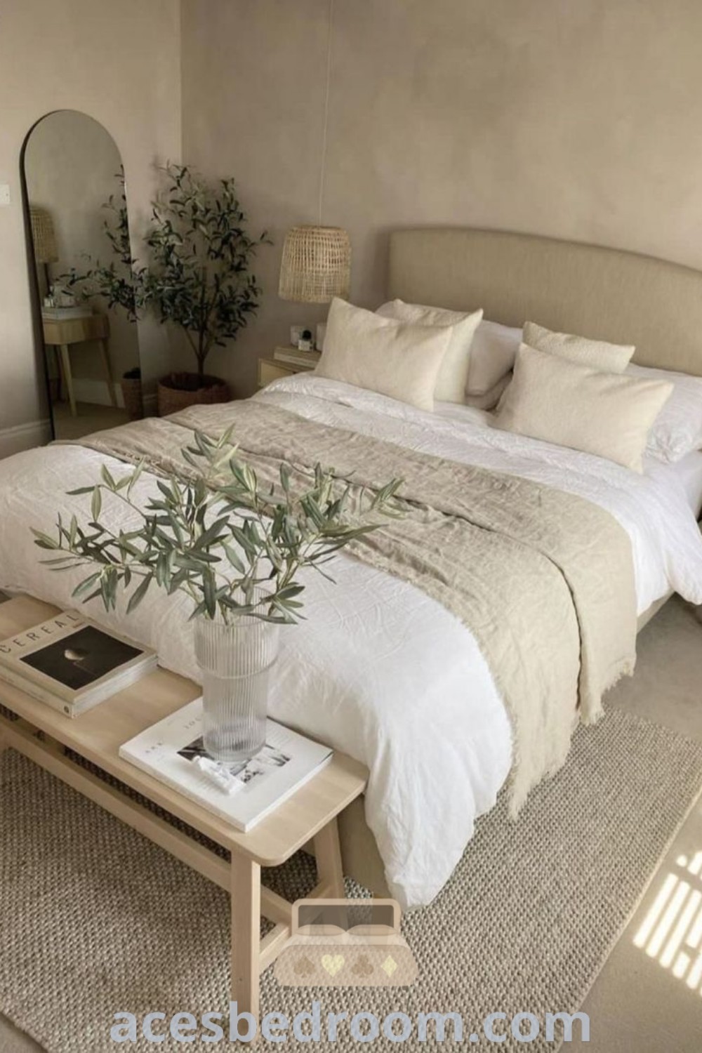 A cozy bedroom with a bed draped in white linens and pillows beside a coffee table featuring a plant, embodying Japanese interior design. This stylish setup offers decor inspirations and design ideas for a warm and sophisticated look. Discover more at acesbedroom.com.