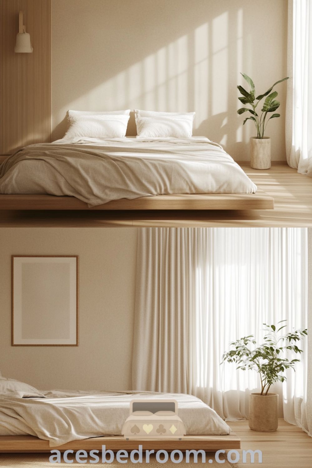 Calming minimalist bedroom design on acesbedroom.com featuring neutral palette, minimalist furniture, clean lines, and soft textures for a peaceful environment and relaxing space.