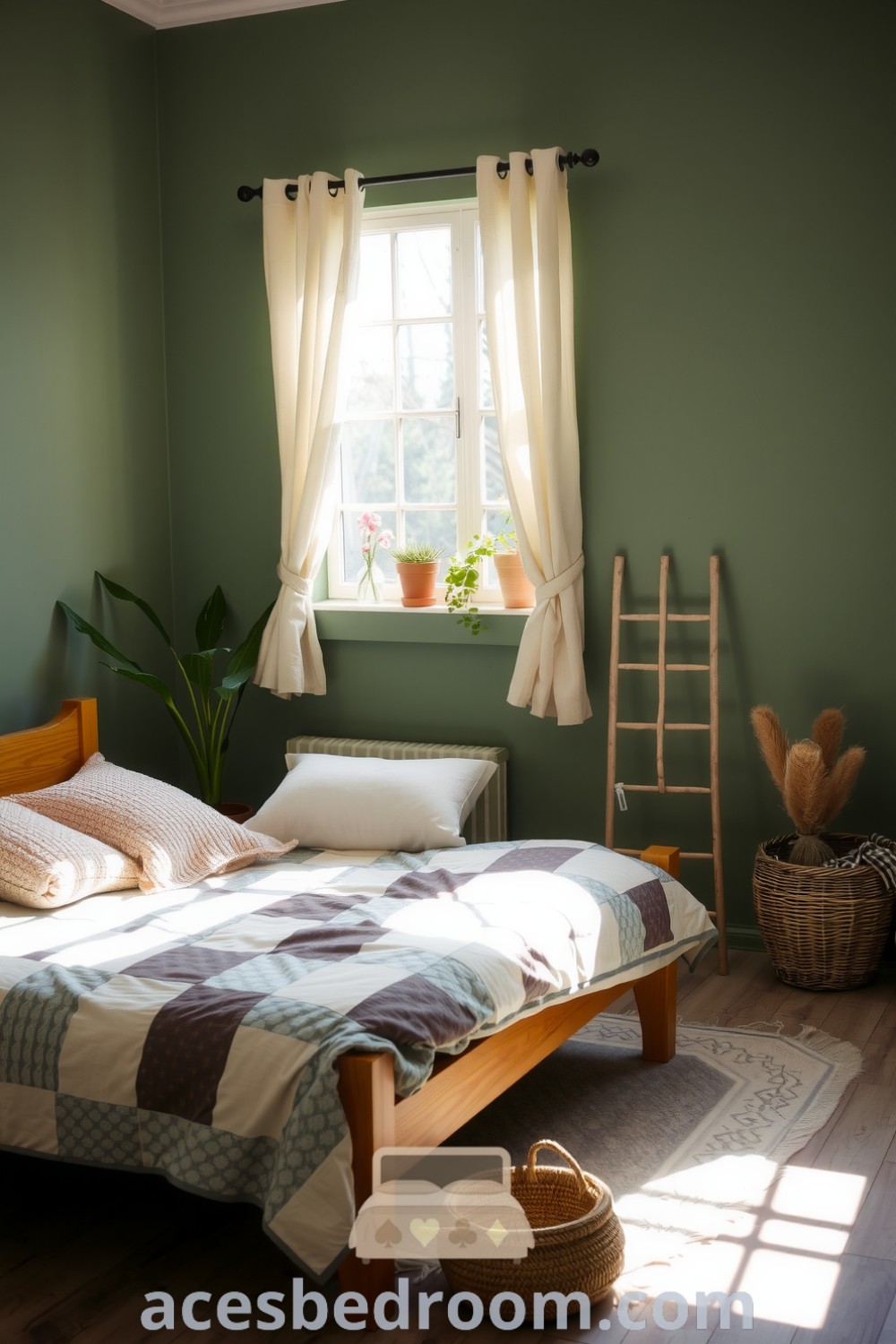 Cozy nature bedroom featuring sage green walls, a sturdy oak bed frame with an earth-toned quilt, soft morning light filtering through linen curtains, and potted plants for a fresh atmosphere, highlighted in design ideas at acesbedroom.com.