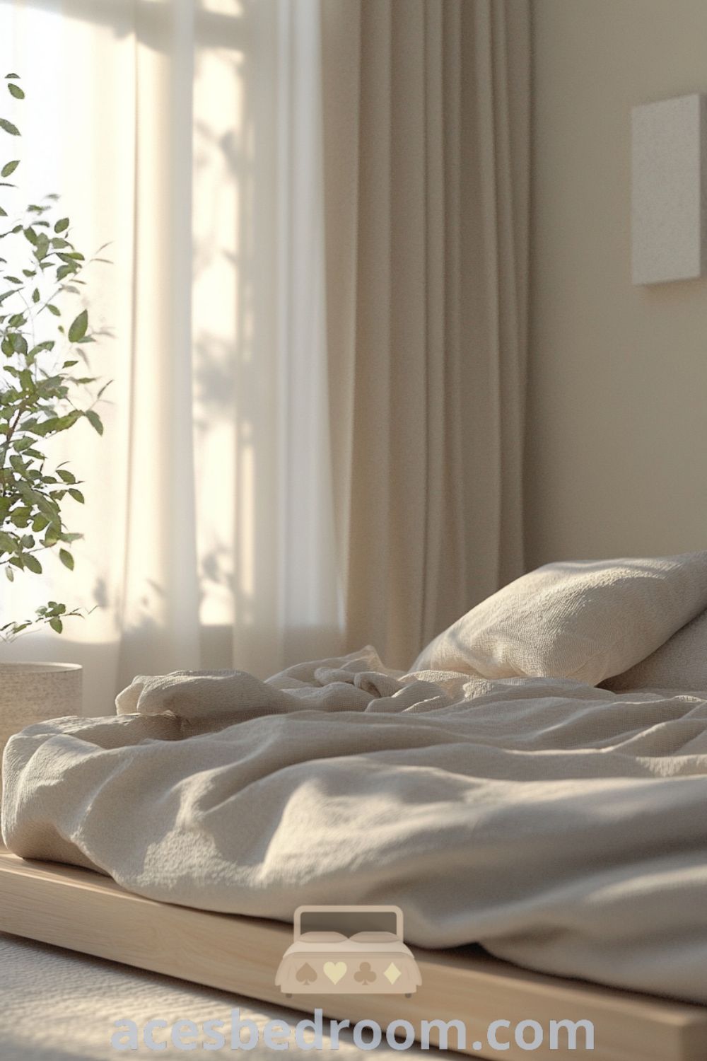 Serene minimalist bedroom retreat on acesbedroom.com showcasing a peaceful environment, neutral palette, soft textures, and minimalist bedroom ideas for a calming design.